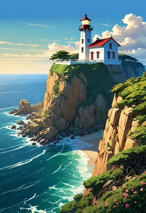 a painting of a faro on a cliff overlooking the ocean, Rosa Tran. scenic background, faro, beautiful animated landscape, landscape artwork, House of Light, beautiful digital painting, by Andreas Rocha, A beautiful artistic illustration., amazing wallpaper,...