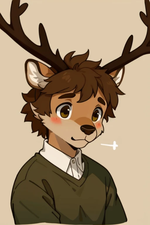 ((best quality)), ((masterpiece)), (detailed), furry, cartoon, deer, brown deer, spotted dear, nervous, hazel eyes, brown fur, simple background, simple, small antlers, soft boy, nervous expression, round head, soft aesthetic