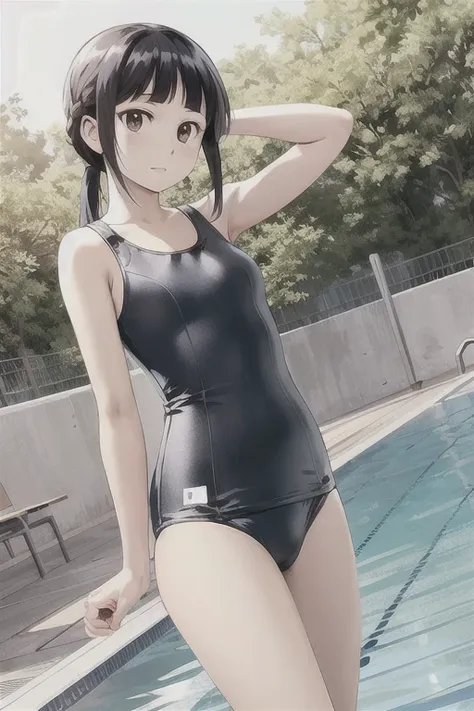 View your viewers, 
Black Hair,(Tied Hair,Blunt bangs:1.2), Small breasts, 
((School Swimsuit)), (Highest quality:1.3),One girl、Pool