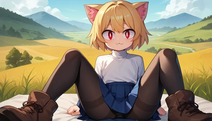 score_9, score_8_up, score_7_up, score_6_up, score_5_up, score_4_up, BREAK, 1boy, solo, necoarc, lit pupils, cat ears, blonde hair, red eyes, :3, turtleneck, blue skirt, pleated skirt, pantyhose, brown footwear, femboy, pov, highlight thighs, landscape, lo...