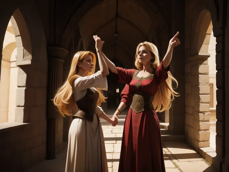 two women leaning on the wall with their arms up, a blonde and a redhead, they wear blouses from the medieval period, half body ...