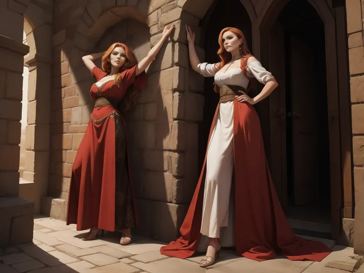 two women leaning on the wall with their arms up, a blonde and a redhead, they wear blouses from the medieval period, half body ...