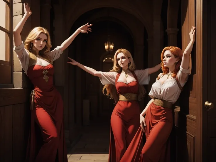 two women leaning on the wall with their arms up, a blonde and a redhead, They wear blouses from the medieval period, half body shot in front of the camera