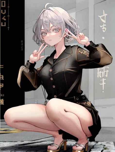 ((highest quality)), ((masterpiece)), (detailed), one girl, sexy　short hair　squat　extend your right hand and make a peace sign　t...