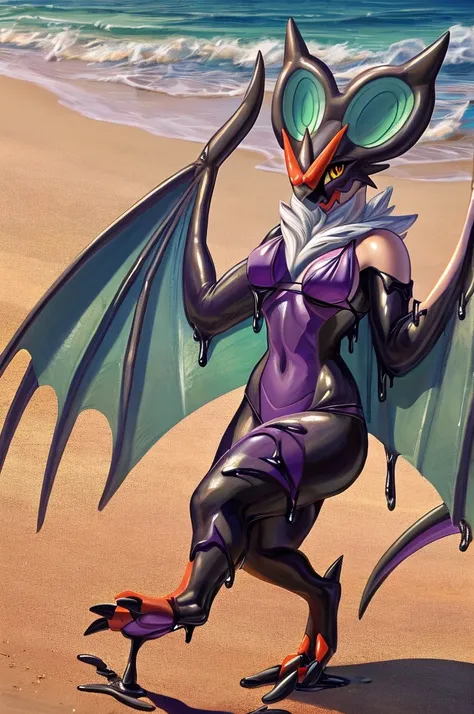 female, solo, anthro noivern, beach, natural breasts, digitigrade, looking at viewer, detailed full body picture, wearing bikini...