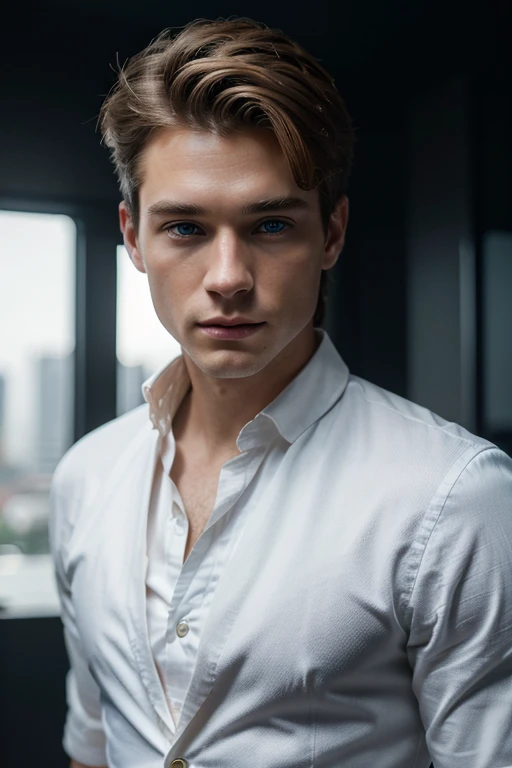 Detailed CG Unity 8K Wallpapers,Tabletop, best quality, ultra-detailed, white background, a beautiful 25-year-old man with short dark-blond hair, short hair, blue eyes and pale skin, masculine posture Complete fashion collection, high quality, Masterpiece,...