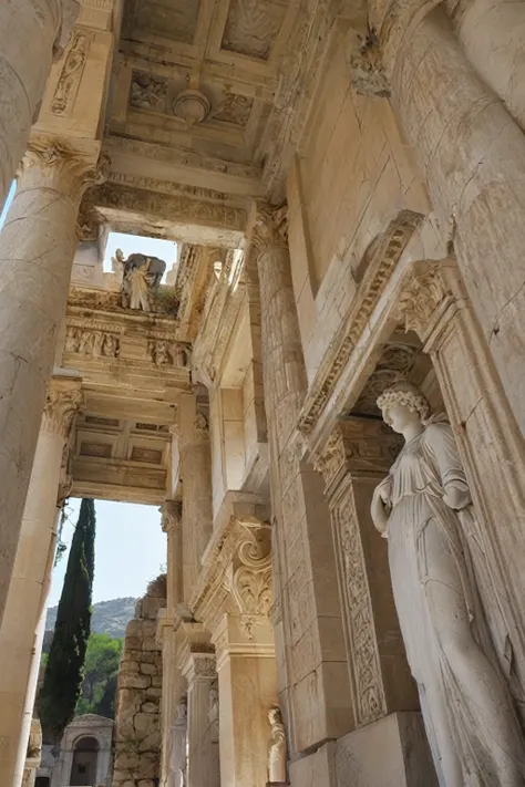 arafed view of a building with a statue and columns, roman architecture, exquisite details, some marble statues can be seen, ins...