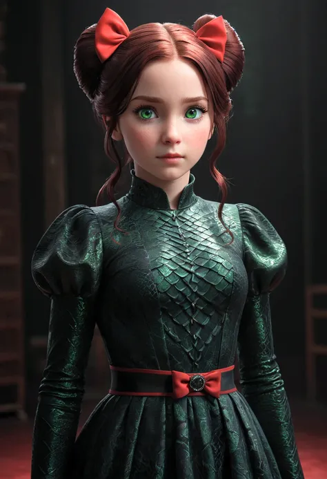 young 9-year-old daughter of severus snape,((highest quality)),(ultra high resolution),(Super detailed),(detailed description),((best CG)),(best work of art) ,red black hair, green eyes, light particles, soft lighting, volumetric lighting, intricate detail...