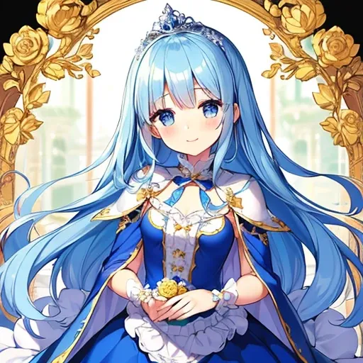 looking at viewer,(kawaii),(best quality),(ultra detailed),(rococo style),(long train blue cape:1.15), very long cape,(long train white ball gown with flower decorations:1.1), a girl is wearing a cape over her gown, 1 little princess, tiara, smile, very lo...