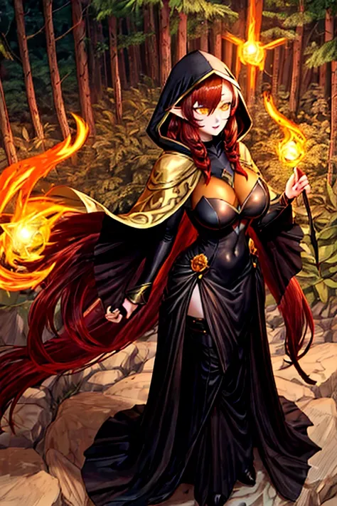 standing full body league of legends style, forest background at sunrise, vastaya black dress, brown cape with hood, long-haired...