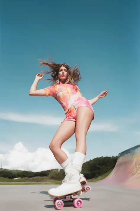 there is a woman riding a skateboard on a ramp, athletic fashion photography, fashion editorial photography, editorial fashion photography, modeling photography, inspired by David LaChapelle, fashion shoot 8k, alana fletcher, editorial photography, by Wayn...