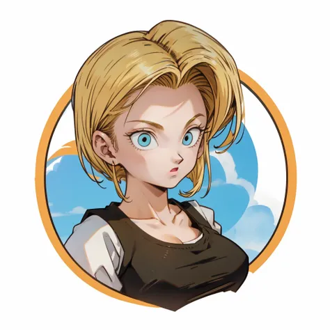 ((1girl,  android18_dbz, 1girl, white background, blonde hair, white shirt)), upper body, anatomically correct, short hair, chibi, simple background, cleavage, looking at the viewer, 