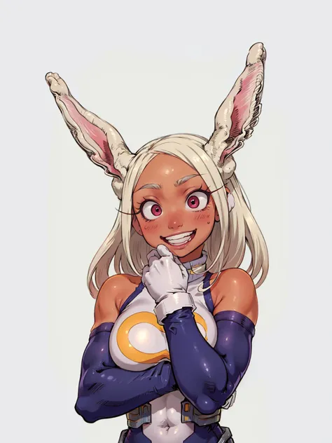 ((mirko, dark_skin, leotard, rabbit_girl, kneehighs, red_eyes, white background)), upper body, crazy big smile, same as original...