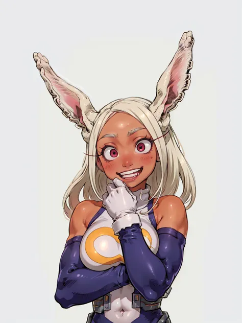 ((mirko, dark_skin, leotard, rabbit_girl, kneehighs, red_eyes, white background)), upper body, crazy big smile, same as original...