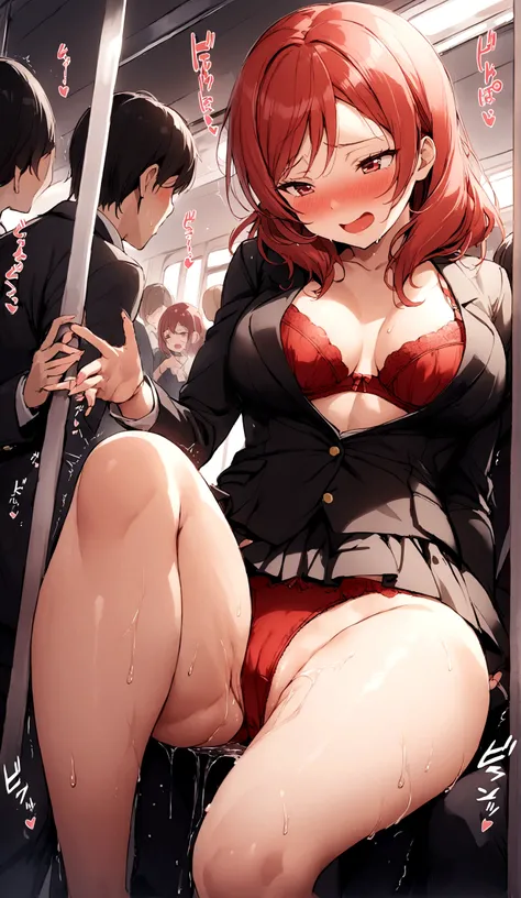 Maki Nishikino、lovelive 、One Girl, crowded train、crowd、on the train、Attacked by a molester、Five Fingers, mini skirt, Being petted、Highest quality, Displeased face, blazer, blouse,Red bra、 Red panties, Her thighs and groin are wet with love juice. 、crowd、Bi...