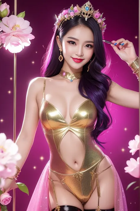 sexy Thai model who controls poison、beautiful smile、lip-gloss、bold lipstick、metallic makeup、look at the camera、full body Esbian、、sparkling poisoned flower costume、、、、sparkling Colorful hair、secrete poison、skull hair accessories、sexy tights、shiny sparkling ...