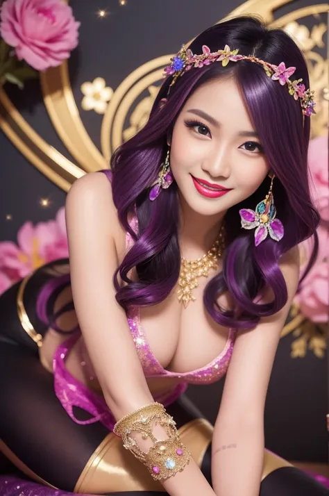 sexy Thai model who controls poison、beautiful smile、lip-gloss、bold lipstick、metallic makeup、look at the camera、full body Esbian、、sparkling poisoned flower costume、、、、sparkling Colorful hair、secrete poison、skull hair accessories、sexy tights、shiny sparkling ...