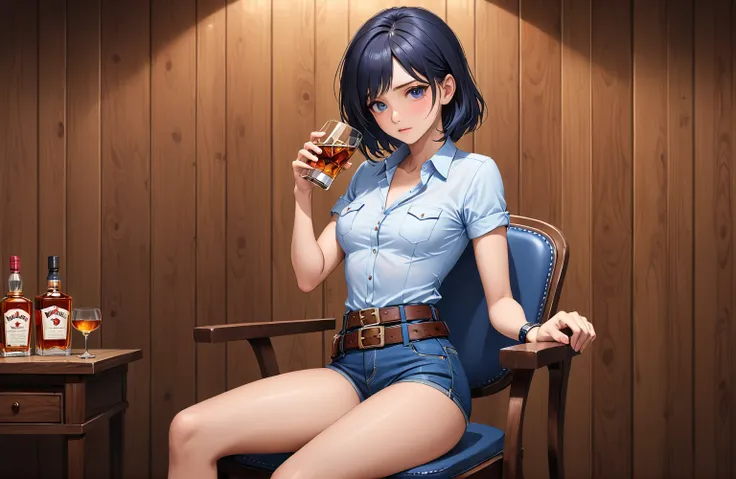 (((1 person:2.5))),(((NSFW:0.5))),(((Security Officer:1.5))),(((Wear denim hot pants:1.5))),(((Wear a short-sleeved collared shirt:1.5))),(((Wear a gun belt with a holster:1.8))),,((Wear a watch on your wrist:1.5))),(((Showing cleavage))),(((Exposed thin i...