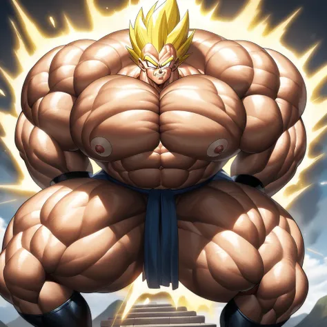 1boy, Vegeta, from Dragon Ball Z, saiyan, (yellow hair:2), spiked hair, green eyes, blue skintight pants, white gloves, white boots with brown tips, good posture, shirtless, nipples, abs, sumo squat, powering up stance, (huge muscles:3.2), huge pectorals, ...