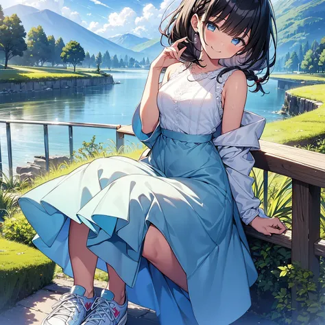 Top Quality, Masterpiece, Ultra High Definition, 8k, Summer Sky, Early Summer, (Light Blue Maxi Skirt, Light Knit, Sneakers), Shojo Manga Style , One, Soft Line Art, Digital Enhancement, Shoujo Manga Touch, Shojo Manga Core, Flowing Fabric, Close Up, (Shou...