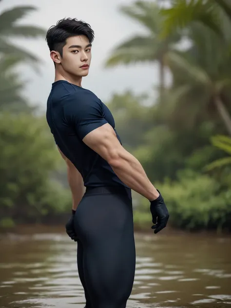 20-year-old boy ,Korean male officer ,...,handsome ,Wear a dark navy short-sleeved shirt............., wearing nothing, Wearing only Dark navy thong , no pants, Black boots and dark navy gloves, standing backward, sit on the ground ,nude, perfect , male , ...