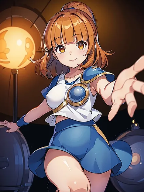 (Arle Nadja from puyopuyo), 1girl, ((((darkorange hair)))), high ponytail, (((((Blunt bangs))))), ((((small tits)))), (golden eyes), ((white T-shirt)), ((blue fluffy skirt)), (blue cloak), (Blue breastplate), Blue wristband, smile, 
masutepiece, Best Quali...