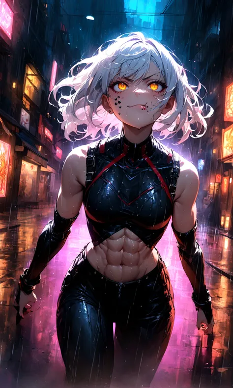 anime women, dark outfit with red and blue details, white hair, (golden dragon eyes) standing in a rain soaked, city street at night, cinematic lighting (best quality:1.2)detailed, neon lights, vivid colors,bokeh, angry looking face with smirk on mouth, pi...