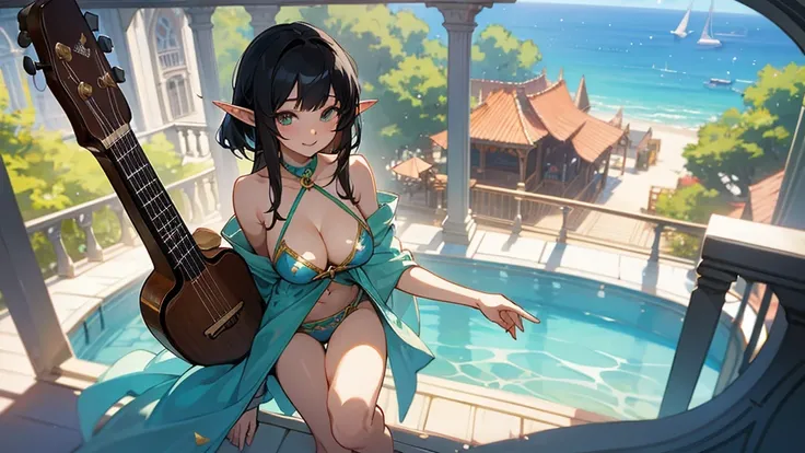 Anime Style,Swimwear,Detailed background,Magical World,A lively balcony with many people,A beautiful elf bard with black hair and a smile,guitar,Big cleavage,Healthy thighs,Underarm,Barefoot