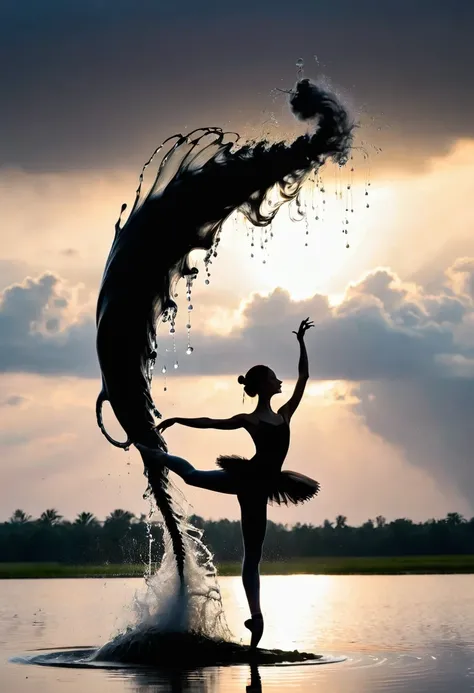 rainstorm，Rain splash，Huge waterspout，Girl shows black silhouette,Contrast with bright background,ballet silhouette,High contrast,Silhouette ballerina on the lake,lotus, lily pad，Shooting against the light，