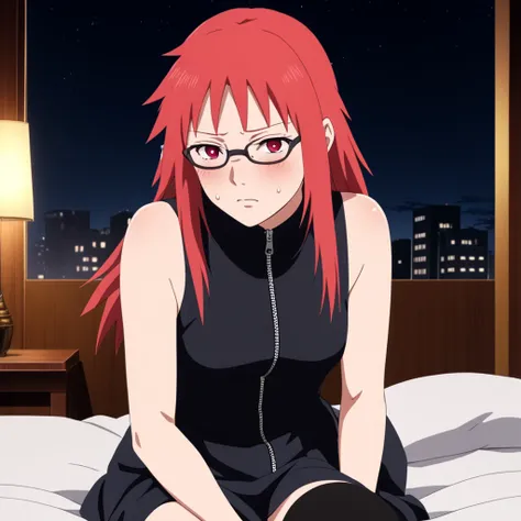 Red hair, 1 Girl, Glasses, Long hair, Red Eyes, Solitary, Long gown, Black over-the-knee stockings, 黑色shorts, Umbilical cord, Looking at the audience,Medium breasts, No students, Keep your legs together, zipper,Closed-toe shoes, Japanese cartoons screencap...