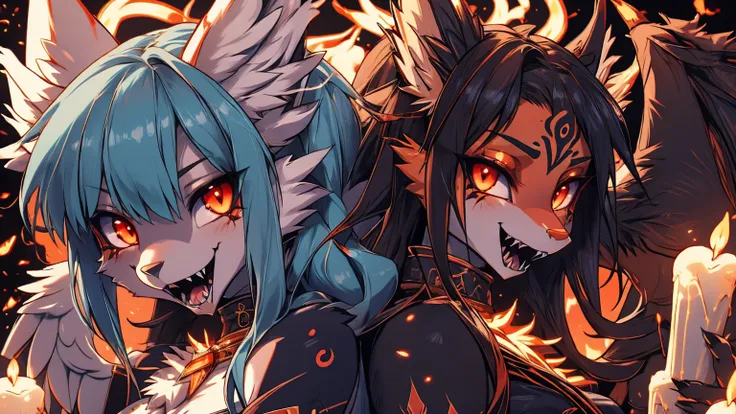 two girls back to back, duality good and evilmiku hatsune, add high definition_detail:1, blue fur,kitsune ears, tribal tattoo ad...