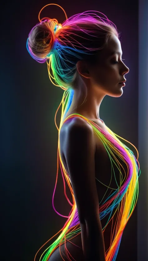 ((Ultra Long Exposure Photography)) high quality, highly detailed, Colorful beautiful woman silhouette made of millions of ultra bright neon strings, beautiful silhouette, by yukisakura, high detailed,