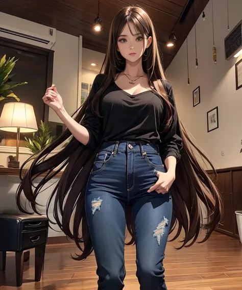 Woman long hair, high realistic, high detailed, black shirt and jeans pant, indoor, brown hair, hyper realistic,