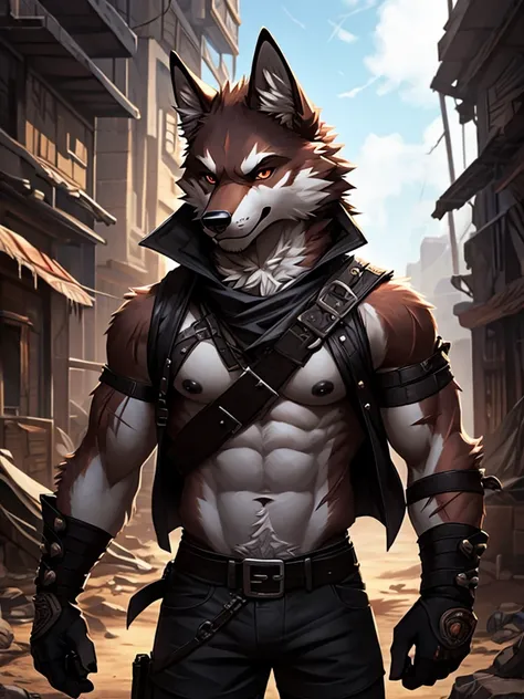 masterpieceы, fluffy, male, anthropomorphic, dark red wolf, Vein, slim build, tender eyes, Españolca, gray fur, White underbelly, shiny body, terrorist, Bandit, Punk, depth of field, perfect lighting, (Best quality),(masterpiece),(ultra detailed), sharp fo...