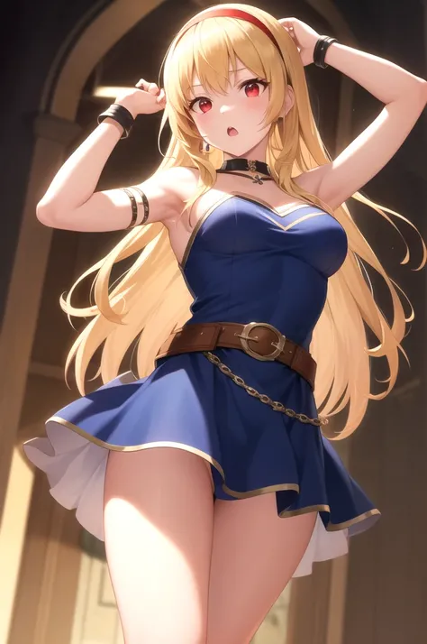 16k, highres, masterpiece, best quality, 
dutch angle, cowboy shot,  
standing,  arms up, armpits, from below,
o_o, :o, looking afar,
magical princess, blonde hair, long hair, (red eyes:1.3), 
hairband, jewelry, shoulder armor, bracelet, blue dress, armor,...