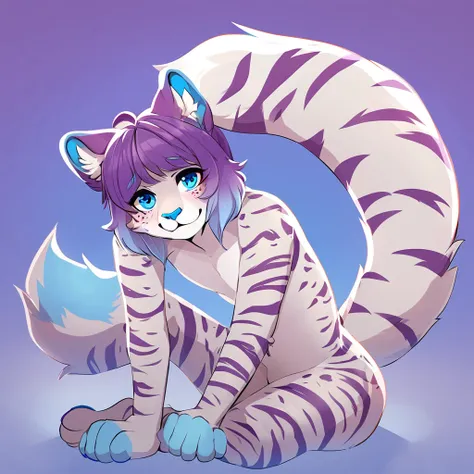 adult, feline, mammal, anthro, anthropomorphic, snow, leopard, striped_feline, fur, furred_anthro, fluffy_tail, femboy, male, bangs, ear_tufts, blue_nose, blue_fingers, hair_tuft, hair_between_eyes, long_tail, fluffy, feline_ears, expressive_eyes, purple h...