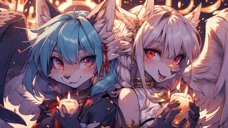 two girls back to back, duality good and evilmiku hatsune, add high definition_detail:1, blue fur,kitsune ears, tribal tattoo ad...