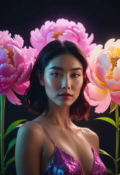 a woman with glowing neon peonies ultra detail, perfect symmetry, 4k flawless skin, photo captured by an Arriflex 35BL camera using Canon K25 prime lenses, cinematic, dramatic lighting, ultra clear, breathtaking surreal masterpiece. sensual pose
