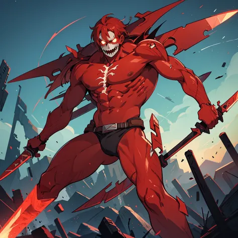 A 20 metre titan from AOT with red and blade skin, bones, a blade attached to its hand and prodcuing electricity through the blade