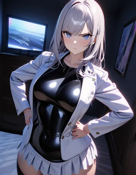 1 girl, ((Girl is curvy and slim, attractive and tall)), ((Girl has long silver hair)), ((purple and blue eyes)), ((Girl wears a black latex shirt, white jacket, short white pleated skirt, black stocking)), ((Girl is in the bedroom)), ((Girl is looking at ...