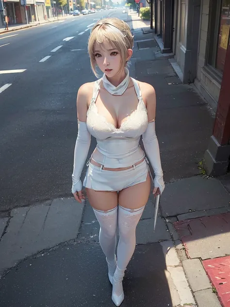 ((No hair, Shaved head, Buzz cut hair)), ((background:On the streets of the city:1.4)), ((Looking at the front:Watch the audience:1.5, Light from the front, Full Body Shot:1.2)), (Ultra-precise reproduction, 8K, Similar to Serah from Final Fantasy, Image q...