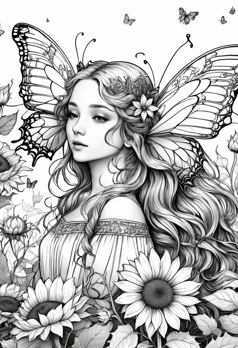 a delicate fairy with butterfly wings resting on a giant sunflower, clean line art, white background, colouring page, clean outl...