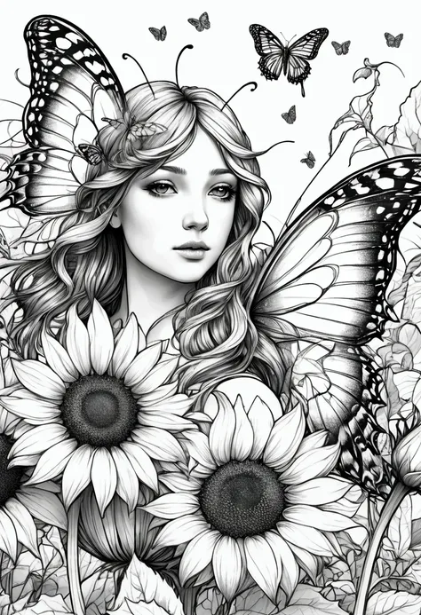 a delicate fairy with butterfly wings resting on a giant sunflower, clean line art, white background, colouring page, clean outl...