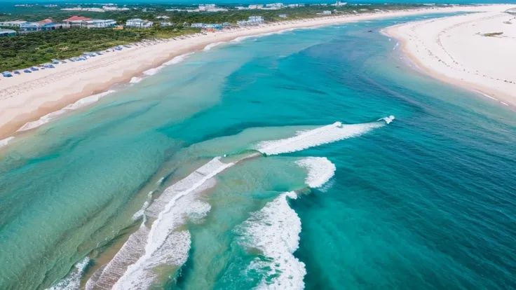 landscape photo 4k high detail beach midday noon sun bright white sand crystal blue water ocean waves surf horizon vanishing point flat