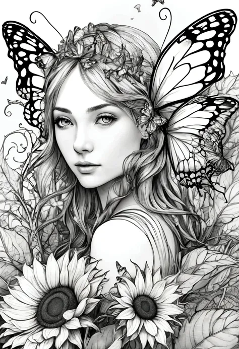 a delicate fairy with butterfly wings resting on a giant sunflower, clean line art, white background, colouring page, clean outl...