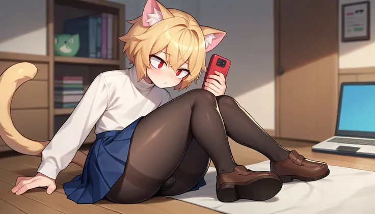 score_9, score_8_up, score_7_up, score_6_up, score_5_up, score_4_up, BREAK, 1boy, solo, necoarc, lit pupils, cat ears, blonde hair, red eyes, :3, turtleneck, blue skirt, pleated skirt, pantyhose, brown footwear, femboy, highlight thighs, with a cell phone ...