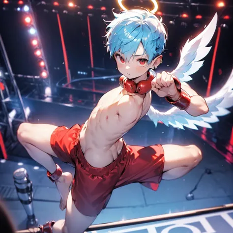 (solo:2), (boldline:-1.7), (boxing:1.5), (fighting pose:1.5), (arched back:1.1), (twin angel wings on his back:1.6), (halo on his head:1.3), (standing on stage:1.5), (spread legs), BREAK (red boxing groves:1.4), (((fang))), (((best finger))), (((best arms)...