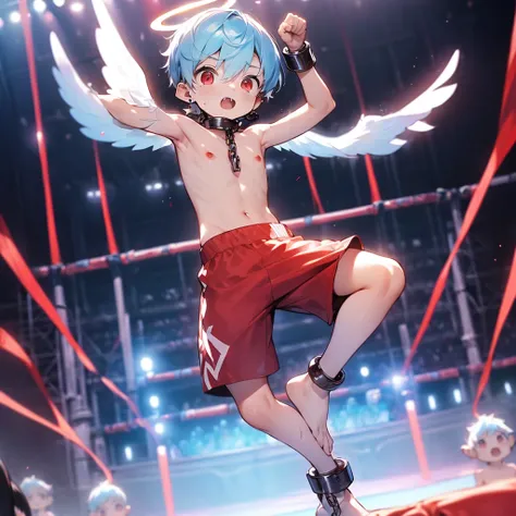 (solo:2), (boldline:-1.7), (boxing:1.5), (fighting pose:1.5), (arched back:1.1), (twin angel wings on his back:1.6), (halo on his head:1.3), (standing on stage:1.5), (spread legs), BREAK (red boxing groves:1.4), (((fang))), (((best finger))), (((best arms)...