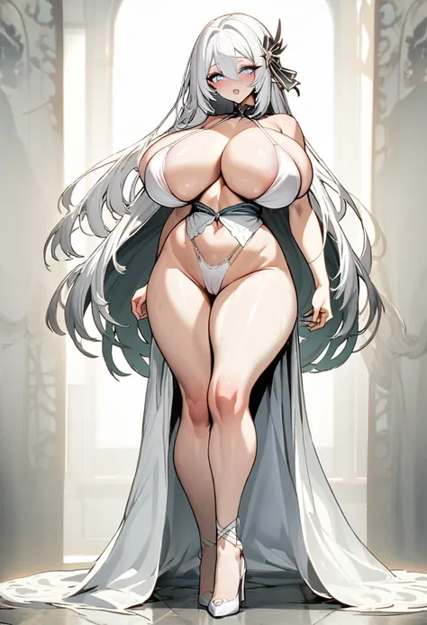 woman，Twenties，Sexy，White bikini，超级无比Huge breasts,Huge breasts，Standing，White long hair，White-dissolved skin，High heel