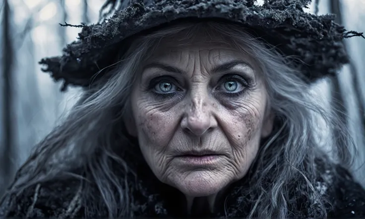 old witch,ashes after the battle,battlefield,winter,intricate landscape,slate grey atmosphere,glare eyes,film grain,dramatic light,woods,luminous eyes,extremely detailed, [night landscape],masterpiece,intricate details,faded,eyes extremely detailed, high d...